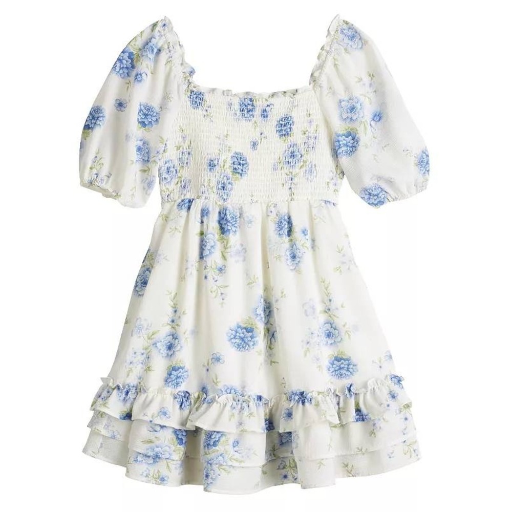 Poppies & Roses Girls Floral Smocked Tiered‎ Ruffle Dress Ivory Blue Size 7Y